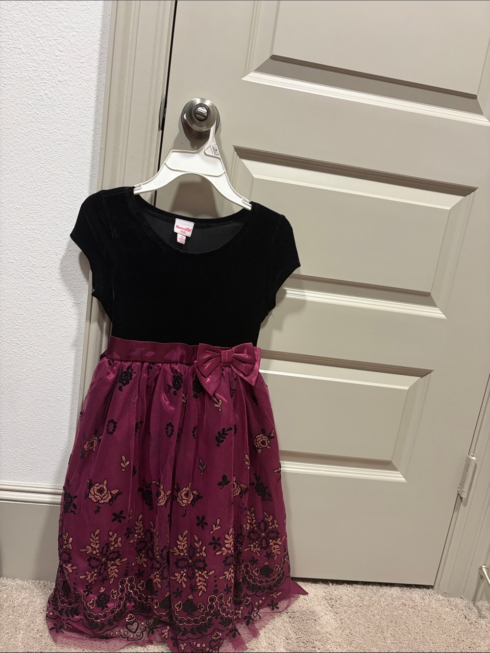 Black & Plum Floral Bow Party Dress for Girls